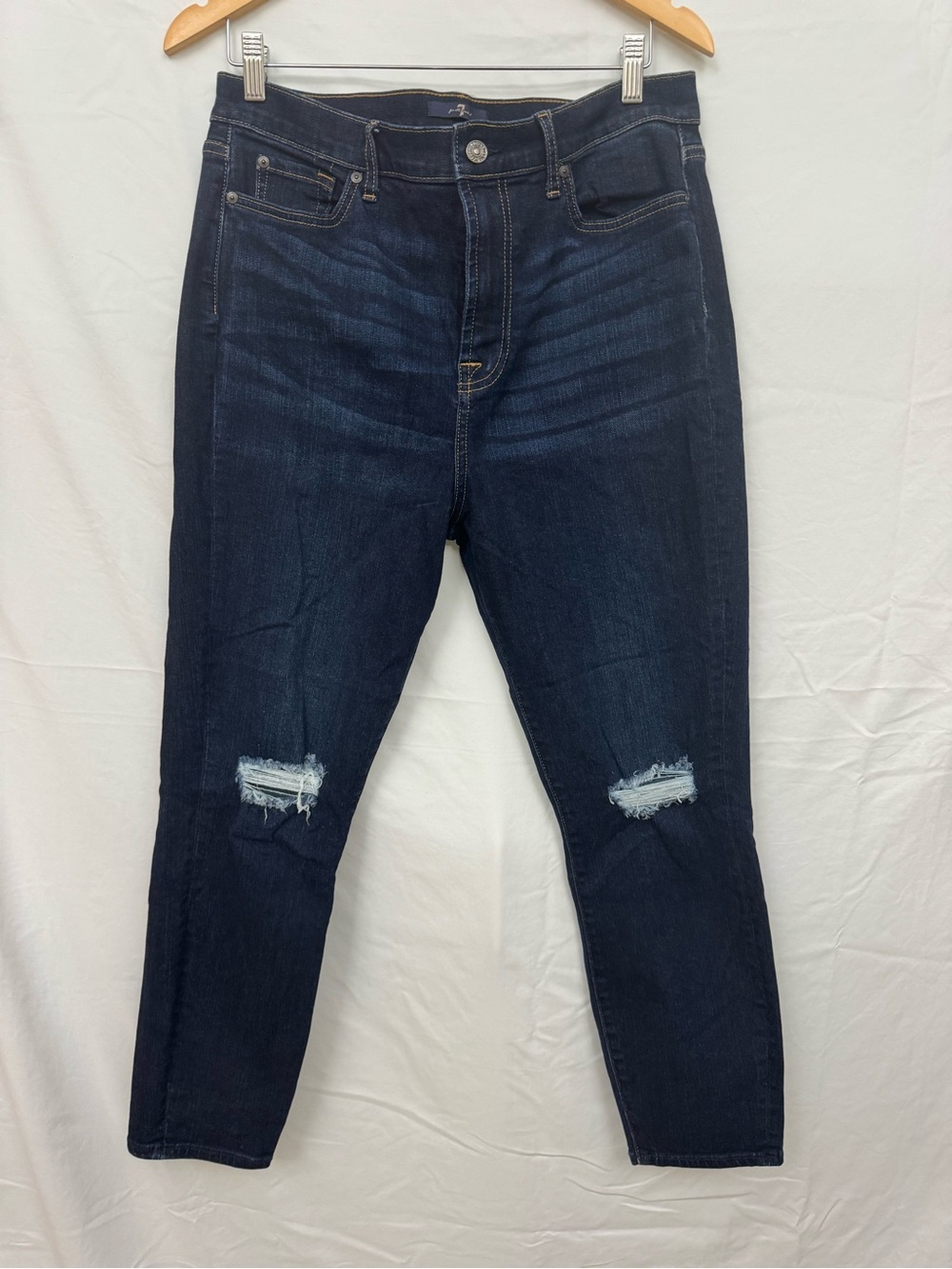 7 For All Mankind Dark Blue Skinny Jeans with Knee Rips